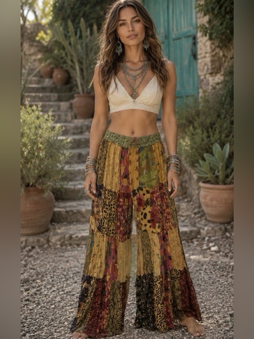 H040 NWT Young Threads 1X XL w16-22 Boho Patchwork Wide Leg Pants - Multicolor